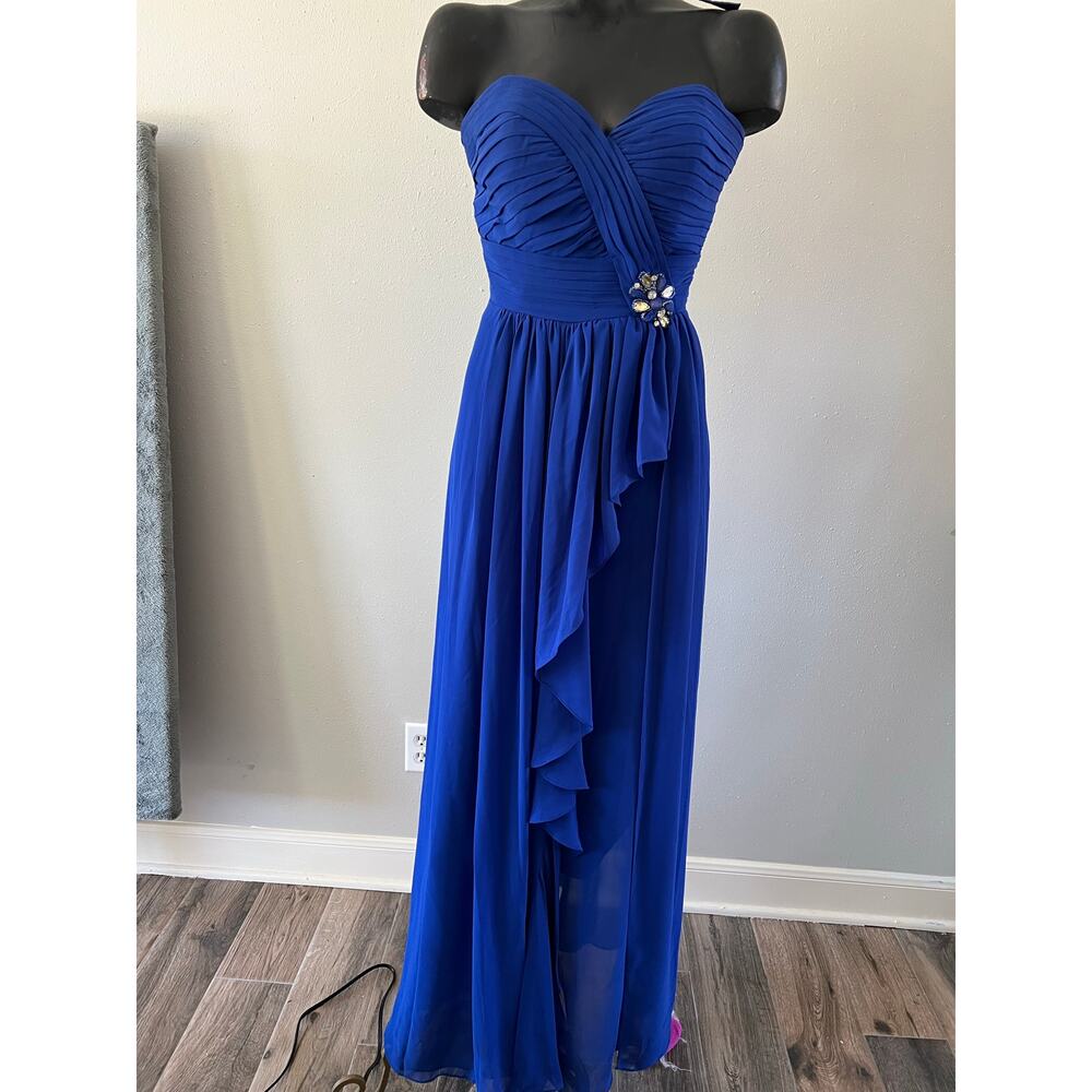 Eureka VTG royal blue strapless evening gown lace tie-back ‘90s sz M formal prom